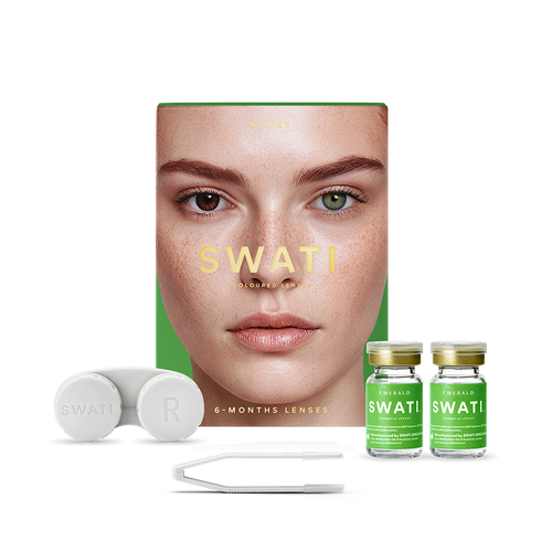 SWATI Emerald 6-month coloured lenses pack with two vials, lens case and tweezers