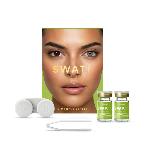 SWATI Olivine 6-month coloured lenses pack with two vials, lens case and tweezers